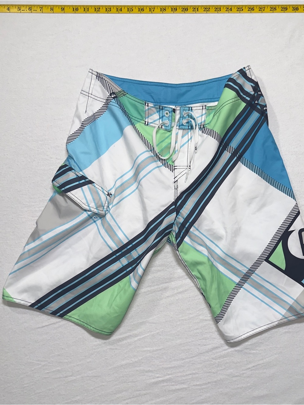 Vintage Quiksilver White, Blue & Green Plaid Board Shorts